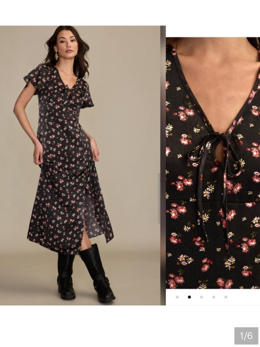 NWT Lucky Brand Black Floral Flutter Sleeve Midi Dress Boho Front Slit Size XL